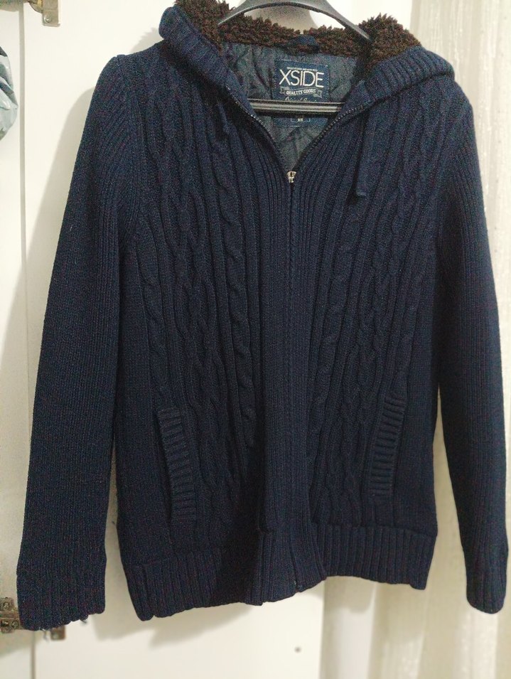 Mavi Kapüşonlu Örgü Erkek Kazak - Görsel 2