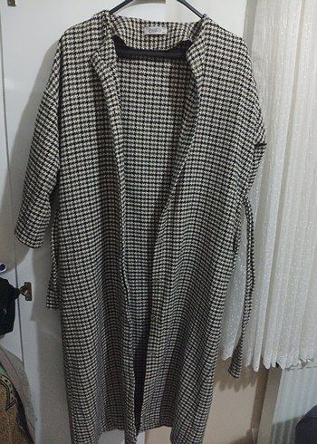 Gri Ekose Desenli Uzun Kadın Kaban - Görsel 2