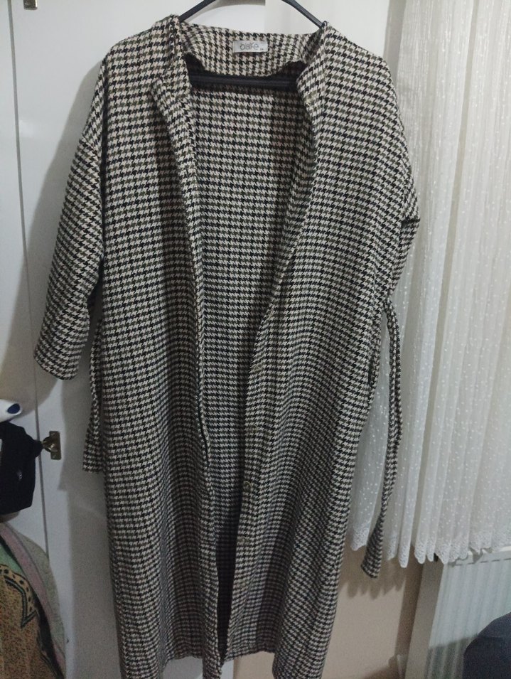 Gri Ekose Desenli Uzun Kadın Kaban - Görsel 2