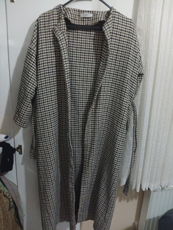 Gri Ekose Desenli Uzun Kadın Kaban - Görsel 3