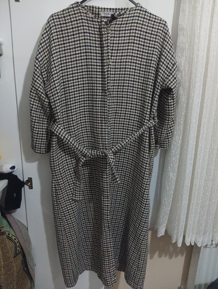 Gri Ekose Desenli Uzun Kadın Kaban - Görsel 5