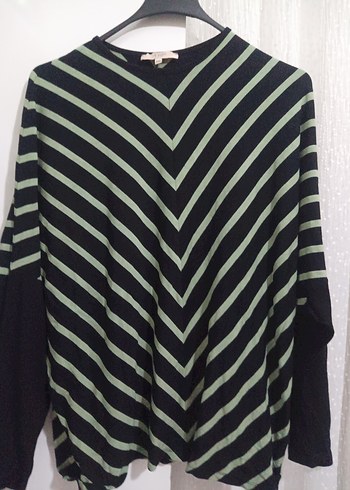 Kadın Yeşil Çizgili Salaş Triko Kazak - Görsel 3