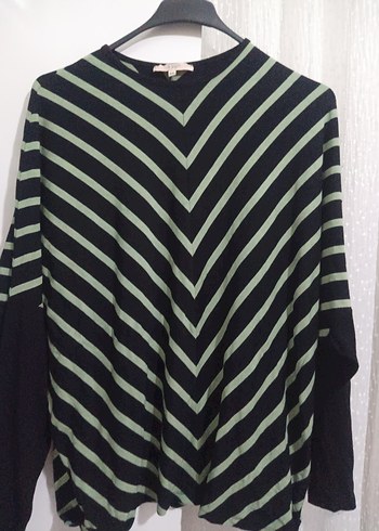 Kadın Yeşil Çizgili Salaş Triko Kazak - Görsel 2