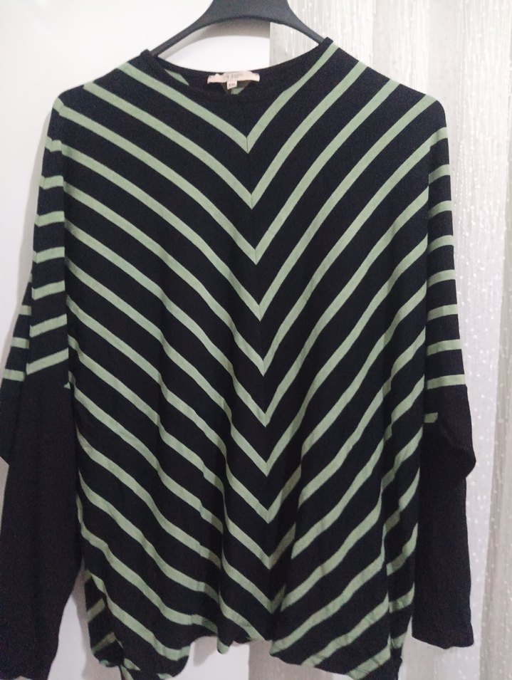 Kadın Yeşil Çizgili Salaş Triko Kazak - Görsel 3