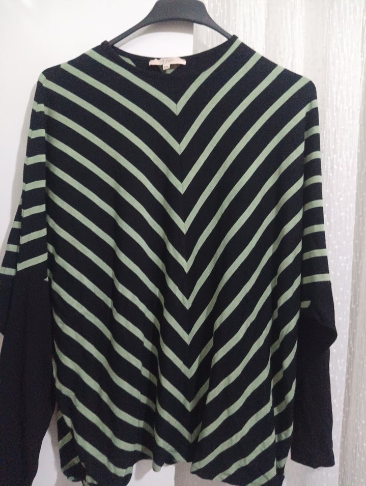 Kadın Yeşil Çizgili Salaş Triko Kazak - Görsel 2