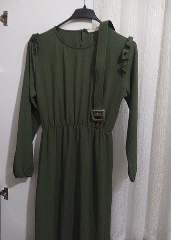 Kemerli Uzun Kol Yeşil Elbise - Görsel 2