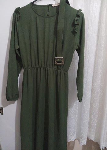 Kemerli Uzun Kol Yeşil Elbise - Görsel 4