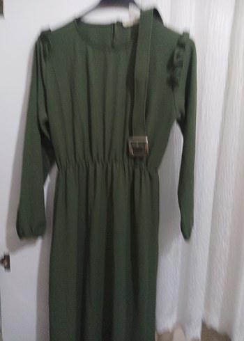 Kemerli Uzun Kol Yeşil Elbise - Görsel 3