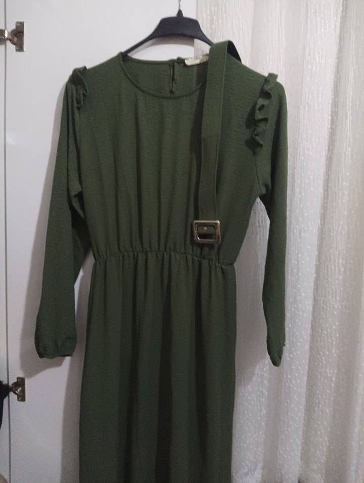 Kemerli Uzun Kol Yeşil Elbise - Görsel 2