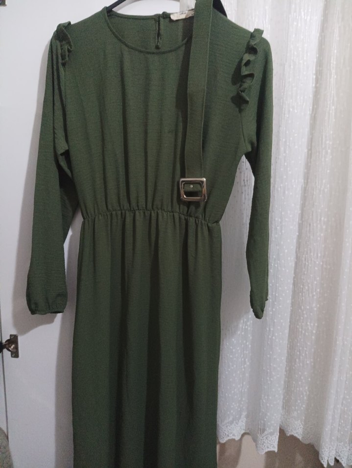 Kemerli Uzun Kol Yeşil Elbise - Görsel 4