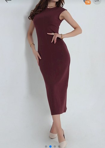 Bordo Yüksek Yakalı Kolsuz Kalem Elbise
