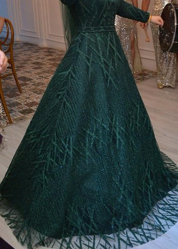 38 Beden Uzun Kollu Yüksek Yaka Yeşil Drape Abiye