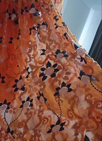 38 Beden turuncu Renk 3D çiçekli tül elbise