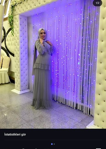 Gri Uzun Drapeli Tesettür Abiye - Görsel 2