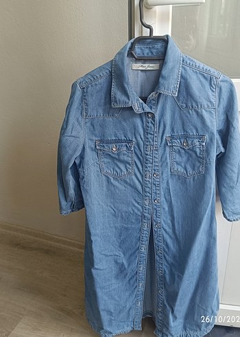 Düğmeli Mavi Denim Kadın Gömlek Elbise - Görsel 3