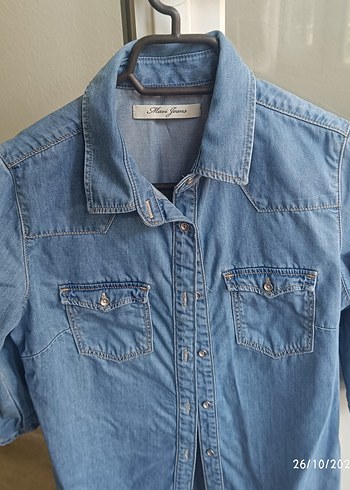 Düğmeli Mavi Denim Kadın Gömlek Elbise - Görsel 2