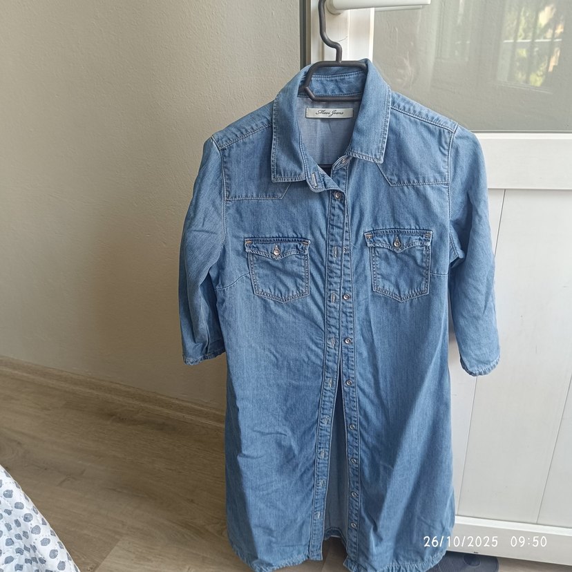 Düğmeli Mavi Denim Kadın Gömlek Elbise - Görsel 3