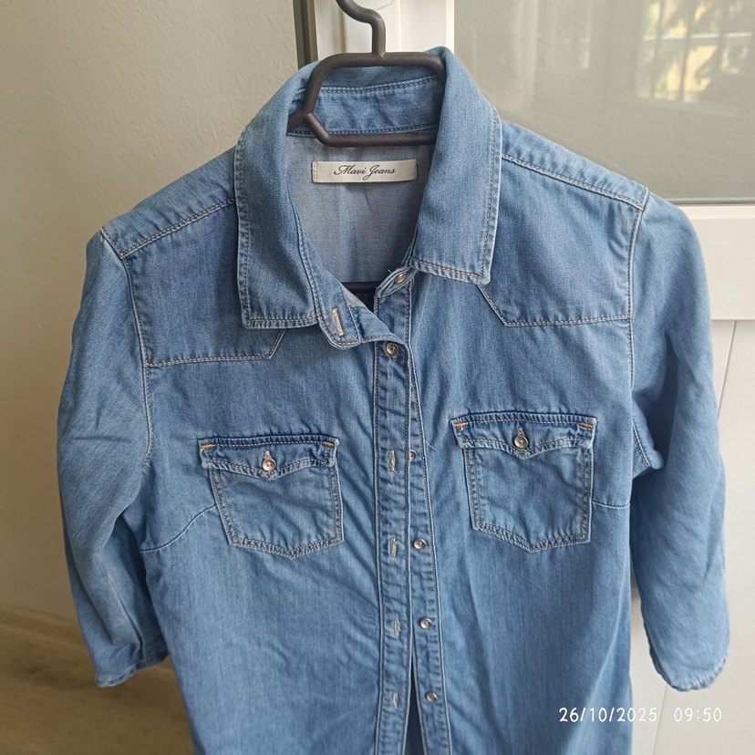 Düğmeli Mavi Denim Kadın Gömlek Elbise - Görsel 2