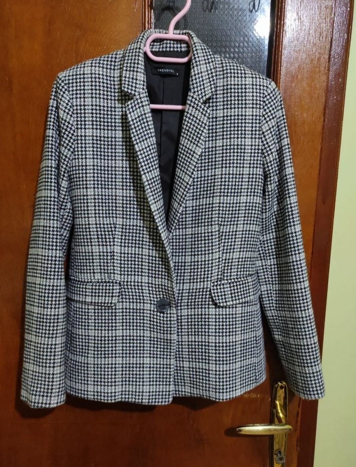 Gri Ekose Desenli Kadın Blazer Ceket - Görsel 2