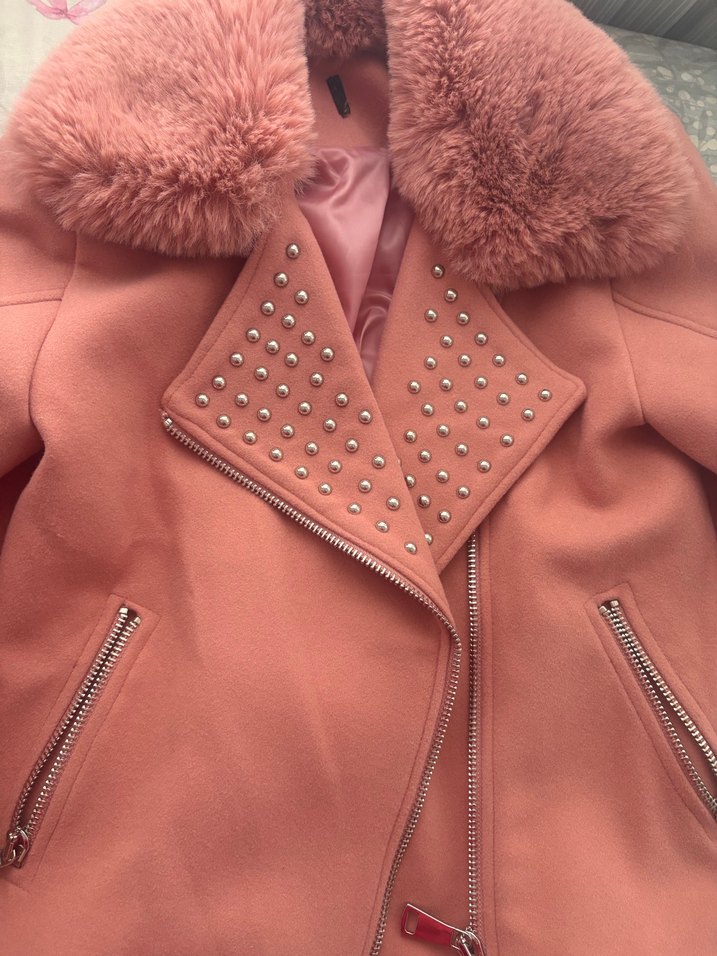 Pembe Kürklü Kadın Midi Ceket - Görsel 4