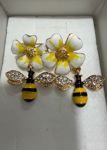 Sarı Renkli Taşlı Arı ve Çiçek Broş - Görsel 4