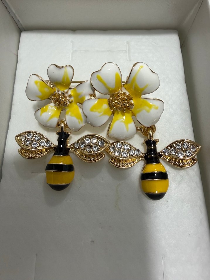 Sarı Renkli Taşlı Arı ve Çiçek Broş - Görsel 4