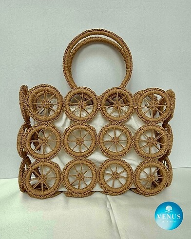 Tasarımcı Halkalı Astarlı Hasır Çanta