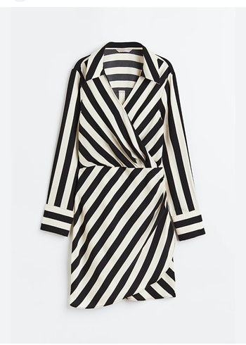 H&M kruvaze Uzun Kollu Beyaz Siyah Çizgili Saten Elbise - Görsel 2
