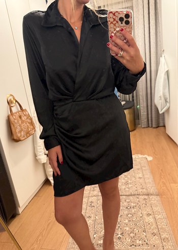 Zara saten Siyah Drapeli Mini Kadın Elbise
