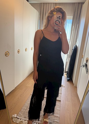 Zara Siyah Püsküllü İnce Askılı Uzun Kadın Tulum