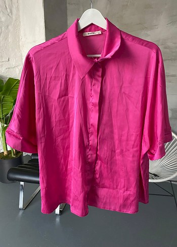 BATIK Düğmeli Pembe Saten Kısa Kollu Gömlek