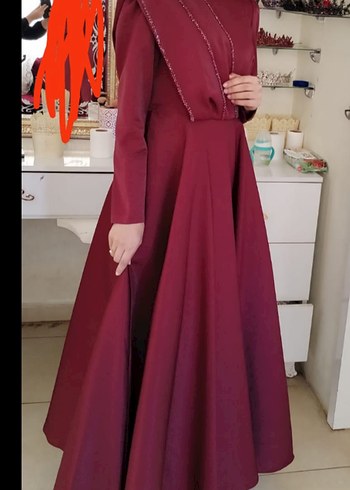 Bordo Uzun Kollu V Yakalı Abiye Elbise