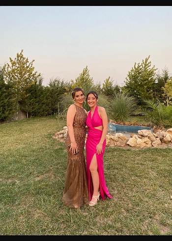 Pembe Drapeli Uzun V Yaka Kadın Elbise