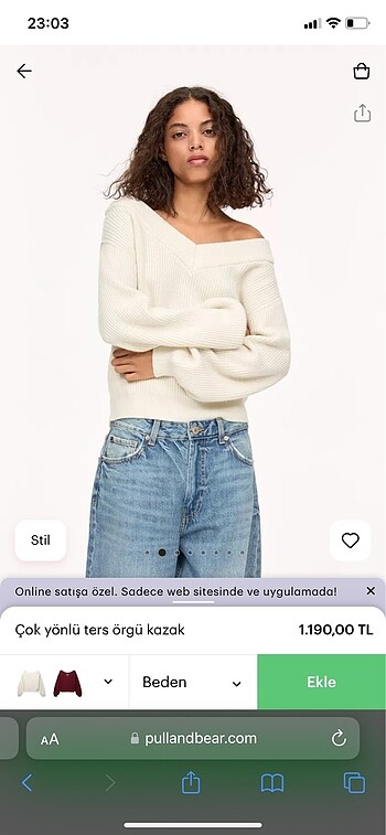 Pull and Bear V Yaka Krem Renk Kazak Triko