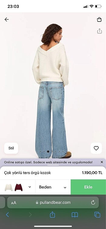 Pull and Bear Pull and Bear V Yaka Krem Renk Kazak Triko