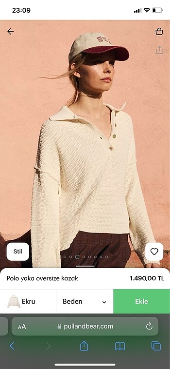 s Beden Pull and Bear Ekru Polo Yaka Örgü Oversize Kazak