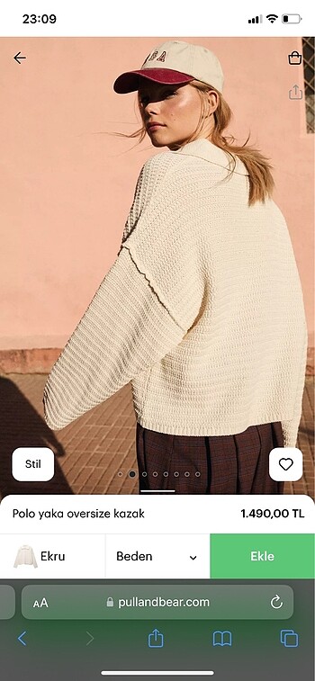 Pull and Bear Pull and Bear Ekru Polo Yaka Örgü Oversize Kazak