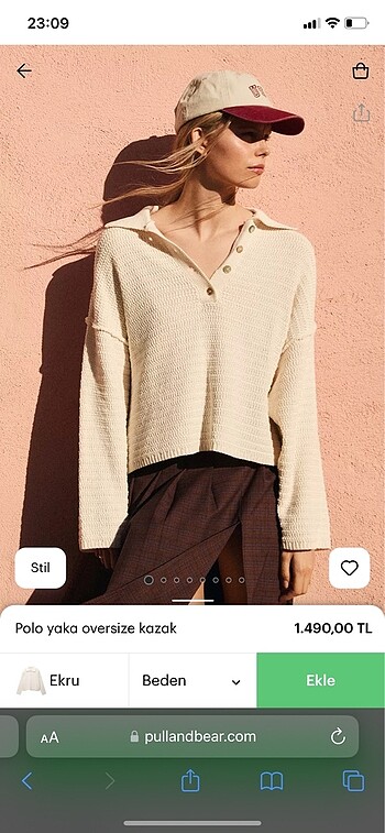 Pull and Bear Ekru Polo Yaka Örgü Oversize Kazak