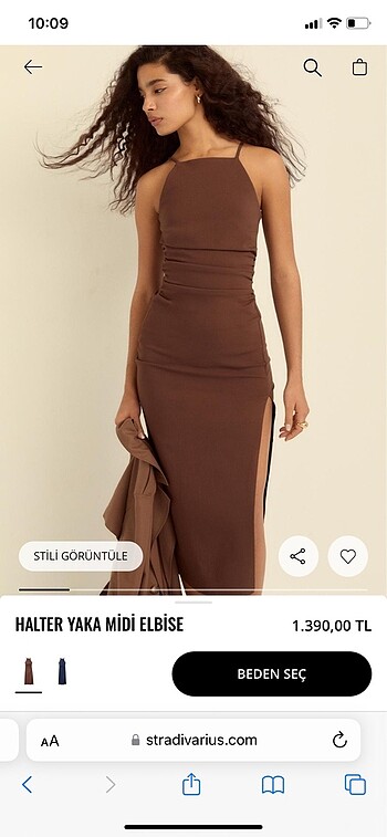 Stradivarius Askılı Halter Yaka Midi Boy Kahverengi Elbise