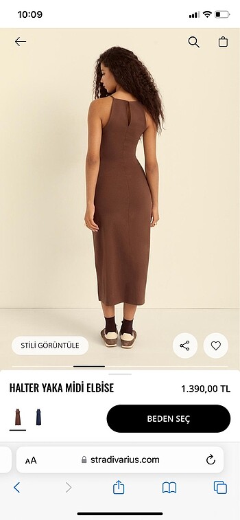 l Beden Stradivarius Askılı Halter Yaka Midi Boy Kahverengi Elbise