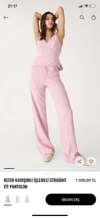 Stradivarius Keten Karışımlı İşlemeli Straight Fit Pantolon Pemb