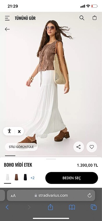 Stradivarius Stradivarius Boho Midi Uzun Etek Beyaz