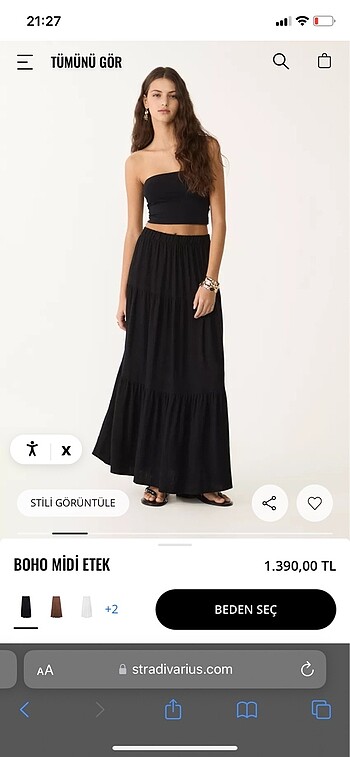 Stradivarius Boho Midi Uzun Etek Siyah
