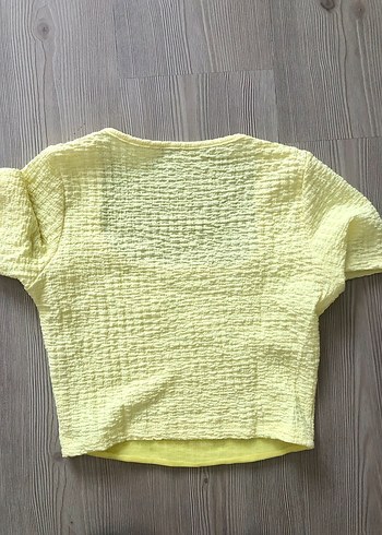 s Beden Sarı Kısa Kollu keten Crop Top bluz