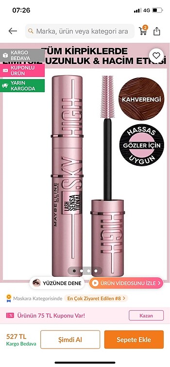 Maybelline New York lash sensational sky high kahverengi maskara