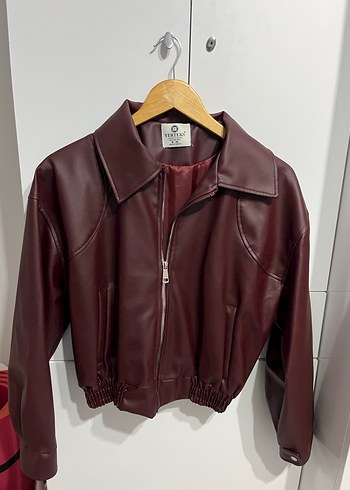 Bordo Deri Kadın Ceket Düğmeli Cep Detaylı - Görsel 2