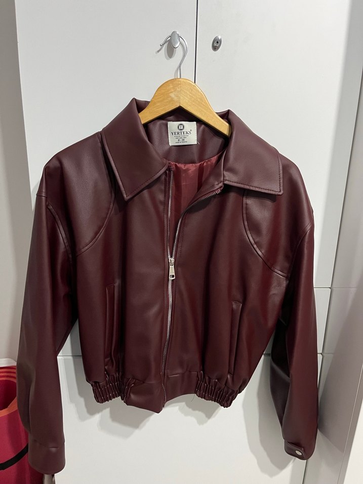 Bordo Deri Kadın Ceket Düğmeli Cep Detaylı - Görsel 2