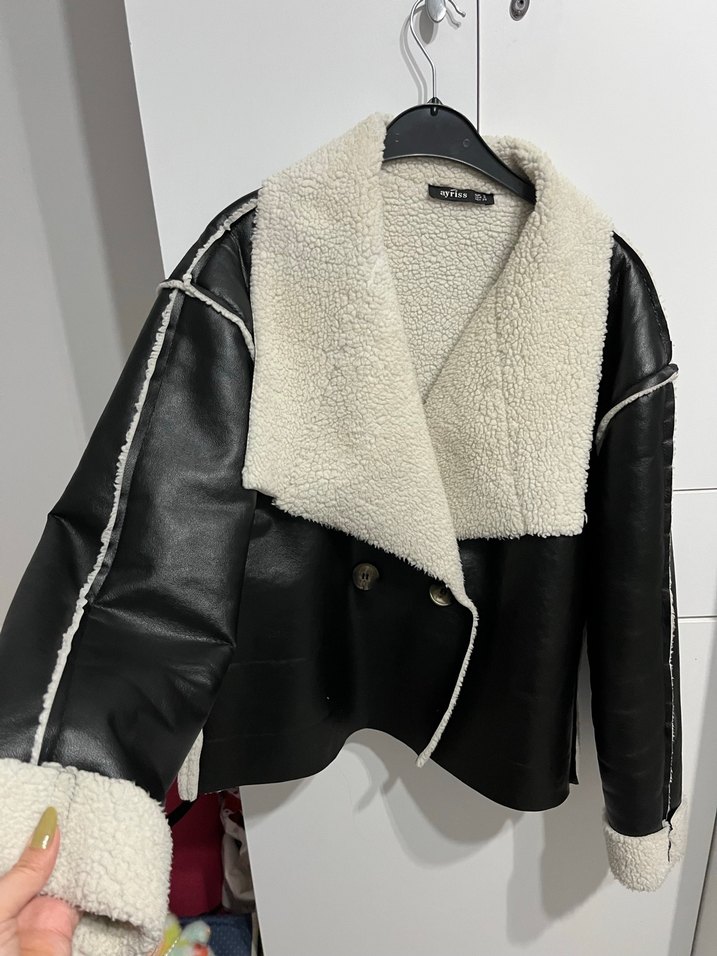 Kürklü Siyah Deri Kadın Ceket - Görsel 2