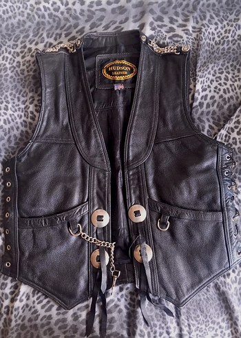 Hudson Leather Siyah Deri Biker Yelek