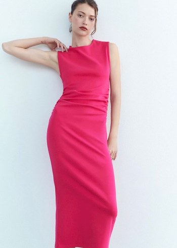 Pembe Drapeli Uzun Kolsuz Elbise